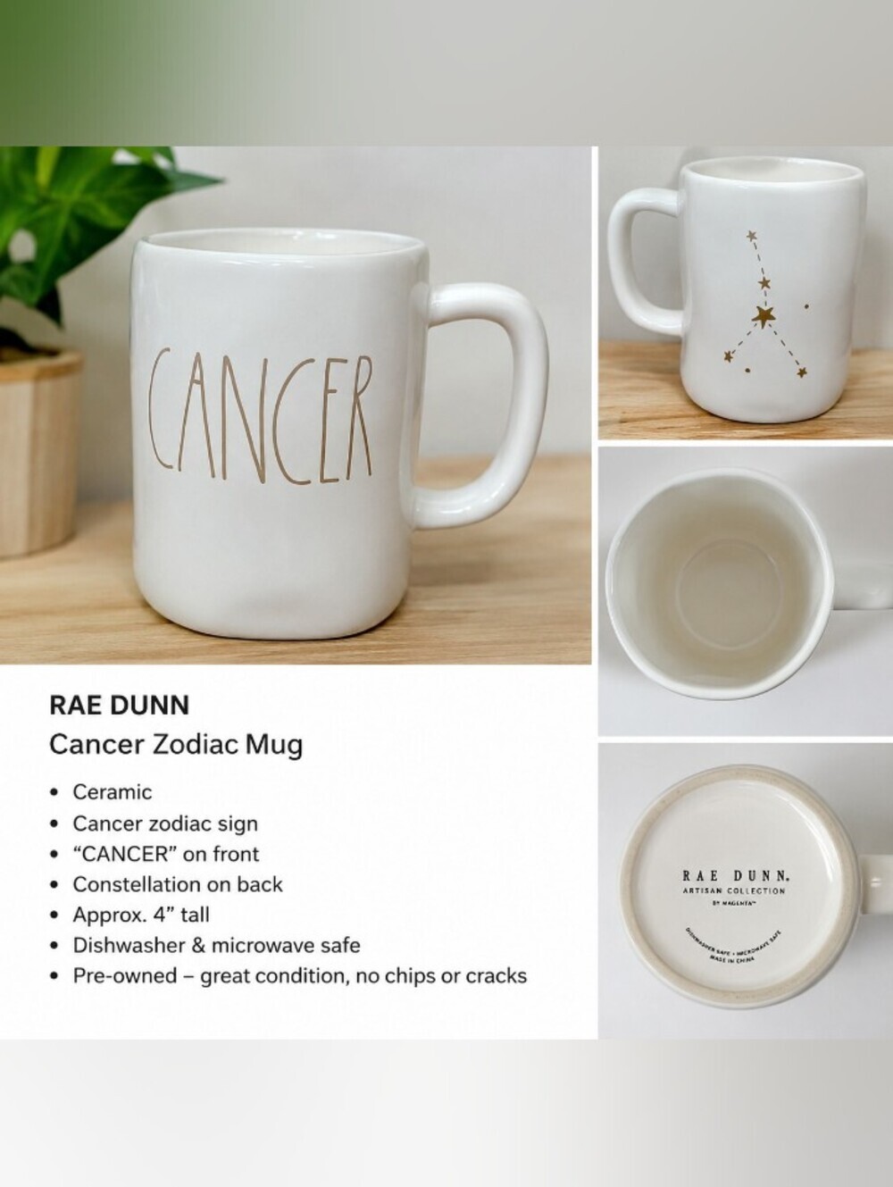 Rae Dunn Cancer Zodiac Mug Gold Lettering White Artisan Collection Coffee